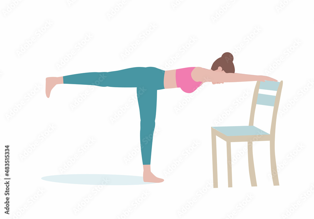 Yoga Exercises that can be done at home using a sturdy chair.Yoga and weight loss. cartoon Style. Yoga Exercises that can be done at home using a sturdy chair.Yoga and weight loss. cartoon Style.