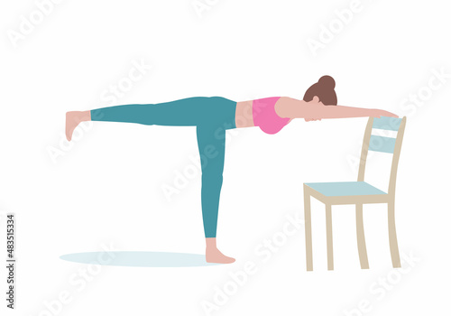 Yoga Exercises that can be done at home using a sturdy chair.Yoga and weight loss. cartoon Style.