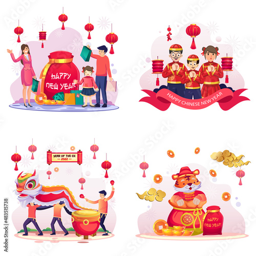 Set bundle Chinese new year concept. Flat Style vector template suitable for Web Landing Page  Background