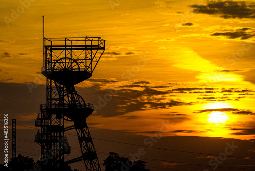 A headframe in a coal mine at sunrise. Katowice, Poland