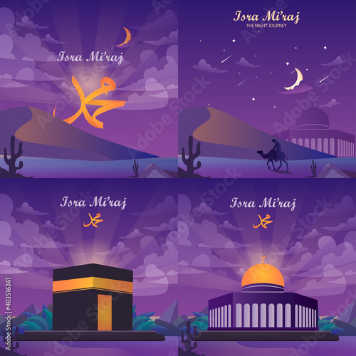 Set bundle isra and mi'raj concept. Isra and mi'raj arabic calligraphy - mean; Prophet Muhammad's Night Journey. Flat Style vector template suitable for Web Landing Page, Background.