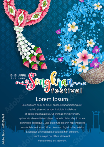 Songkran Festival, Thailand travel concept - The Most Beautiful Places To Visit In Thailand in flat style. ( Translation thai : Songkran )