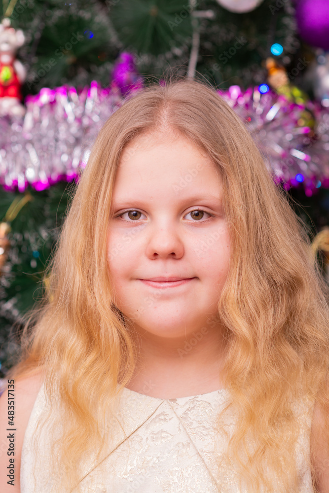 A beautiful elegant girl near the Christmas tree in the New Year