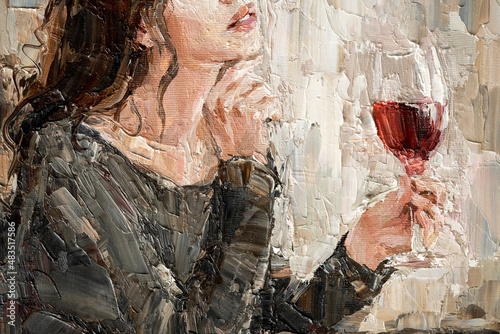 Fototapeta Naklejka Na Ścianę i Meble -  Beautiful attractive young woman  holding a glass of wine. Oil painting on canvas.
