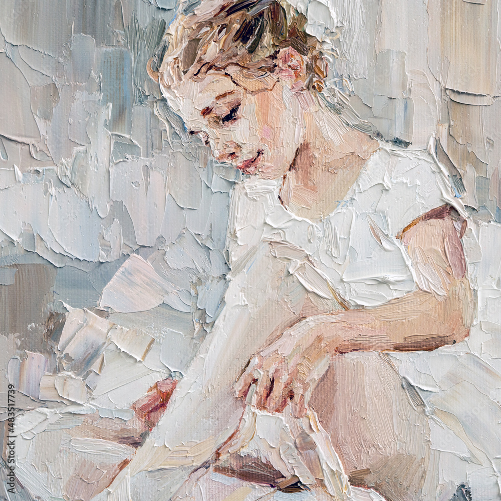 Portrait of a little cute girl. Ballerina is preparing for a performance on a white background. Oil painting on canvas.