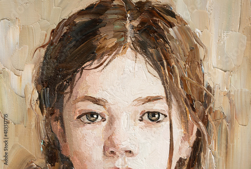 Fototapeta Naklejka Na Ścianę i Meble -  .Cute beautiful girl holding her hair. Fragment of oil painting on canvas. .Portrait of a child with brown eyes and brown hair.