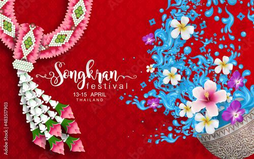 Songkran Festival, Thailand travel concept - The Most Beautiful Places To Visit In Thailand in flat style. ( Translation thai : Songkran )