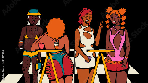 Queer people standing up talking at a bar or club