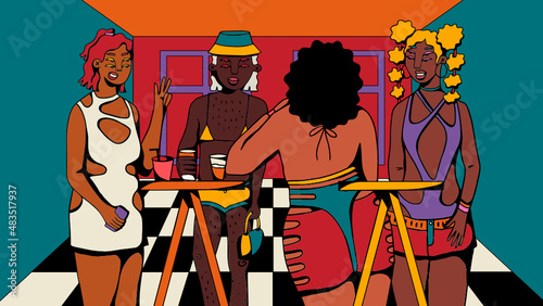 Queer people standing up talking at a bar or club