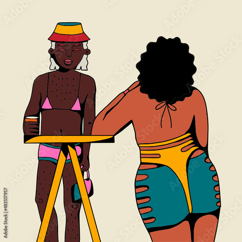 Queer people standing up talking at a bar or club