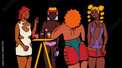 Queer people standing up talking at a bar or club