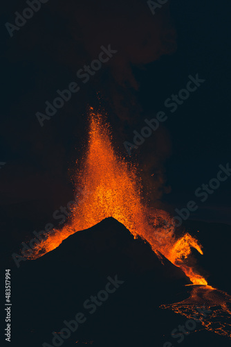 Orange Lava Erupting Straight out of Volcano at Night in Iceland