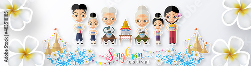 Songkran Festival, Thailand travel concept - The Most Beautiful Places To Visit In Thailand in flat style. ( Translation thai : Songkran )