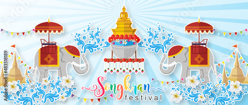 Songkran Festival, Thailand travel concept - The Most Beautiful Places To Visit In Thailand in flat style. ( Translation thai : Songkran )