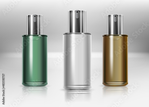 Realistic Detailed 3d Blank Perfume Bottle Empty Template Mockup Set Different Types Opened and Closed View. Vector illustration