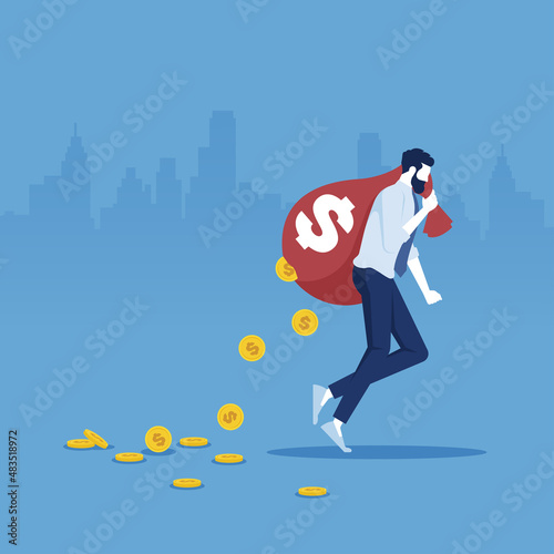 Businessman carry money bag and losing golden coins that poured out from a hole in the bag, lose money investment in financial crisis concept