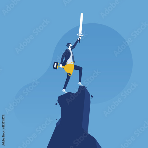 businessman holding a sword and shield standing on top of a mountain, leadership and protection in business concept