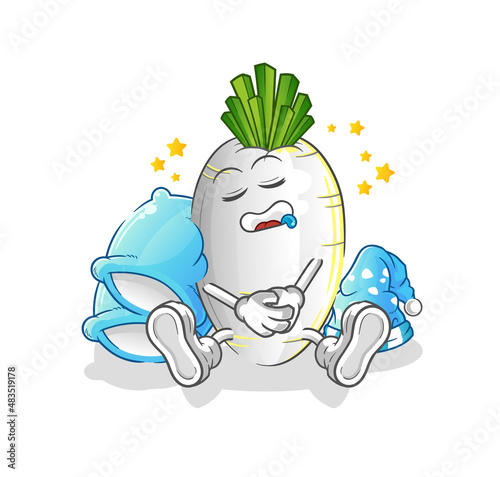 white radish sleeping character. cartoon mascot vector