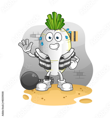 white radish criminal in jail. cartoon character