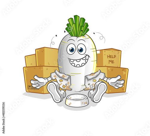 white radish homeless character. cartoon mascot vector
