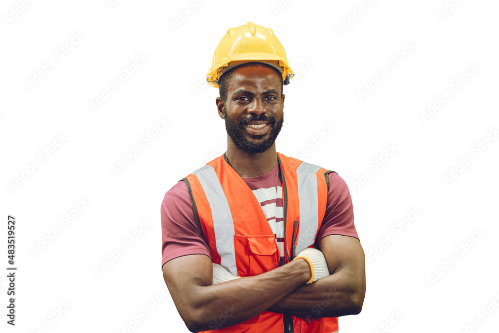 Portrait African black worker standing smile isolated on white background Portrait African black worker standing smile isolated on white background