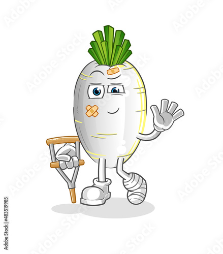 white radish sick with limping stick. cartoon mascot vector