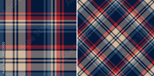 Tartan plaid pattern in navy blue, red, beige. Seamless herringbone textured large asymmetric check plaid set for blanket, duvet cover, throw, scarf, other modern spring autumn winter textile design.