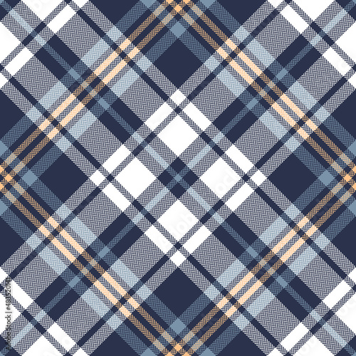 Check plaid pattern in blue, white, soft yellow for spring summer autumn winter. Seamless herringbone textured large diagonal tartan illustration for scarf, blanket, duvet cover, other fabric design.