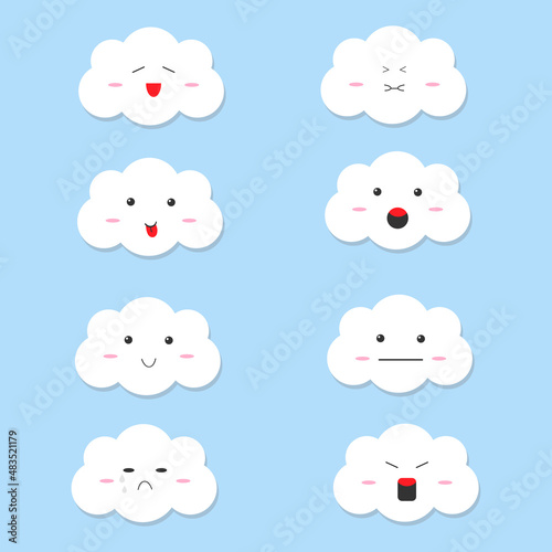 Set of cute or kawaii cloud cartoon such as smile, crying, happy, sad, angry and relax on blue background.