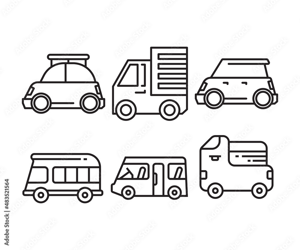 van, lorry truck and car line icons set vector illustration