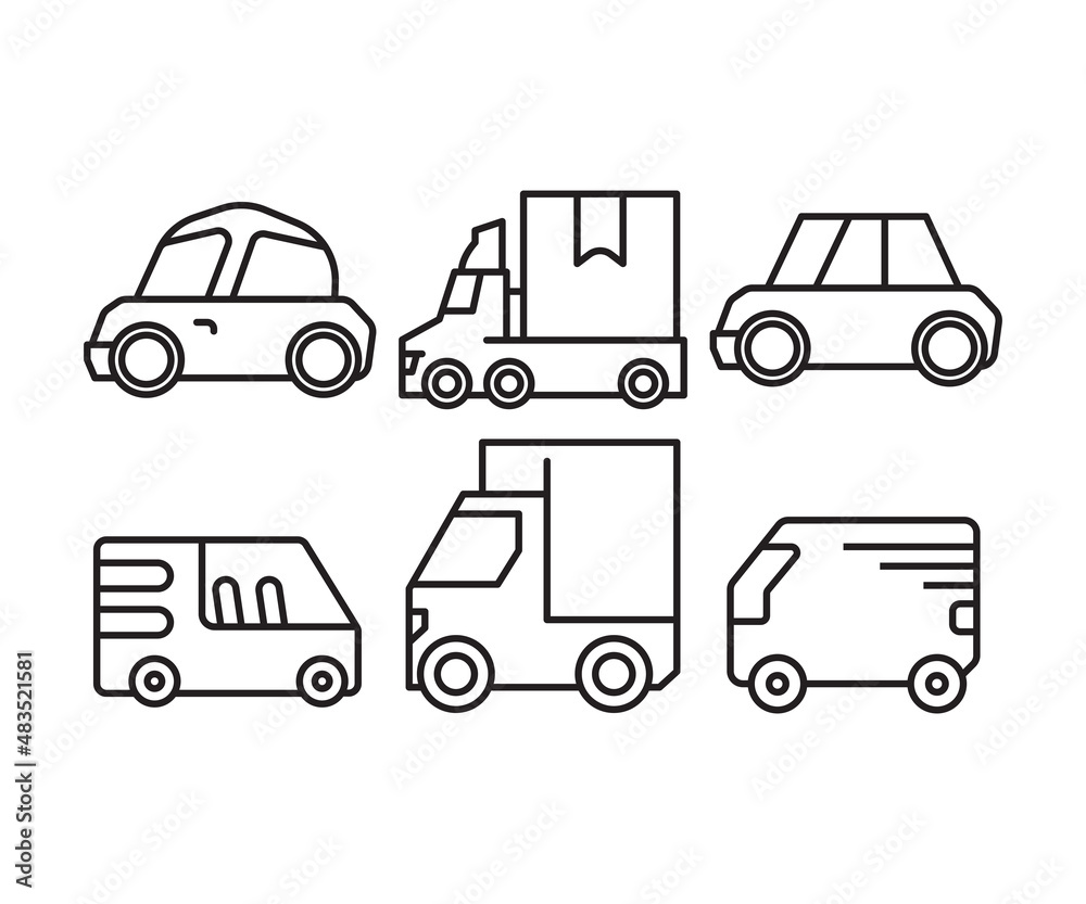 van, lorry truck and car line icons set vector illustration