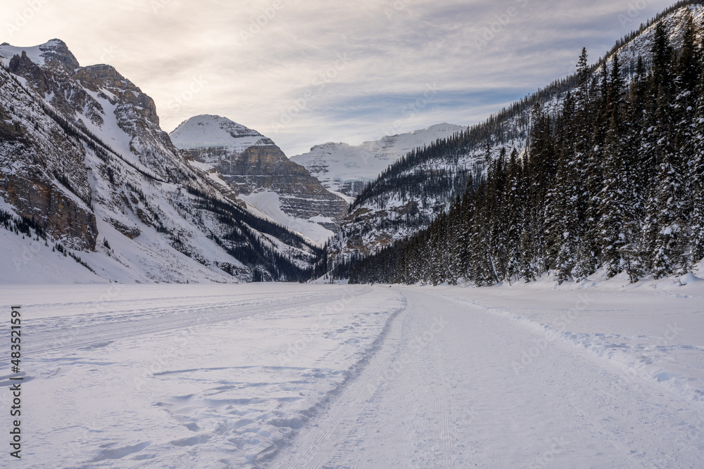 Lake Louise winter trail. Beautiful scenery in Banff National Park, Canadian Rockies. Alberta, Canada.