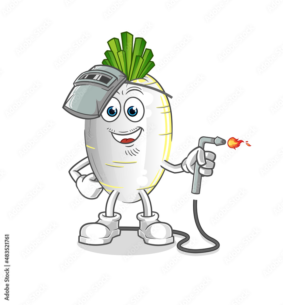 Obraz premium white radish welder mascot. cartoon vector