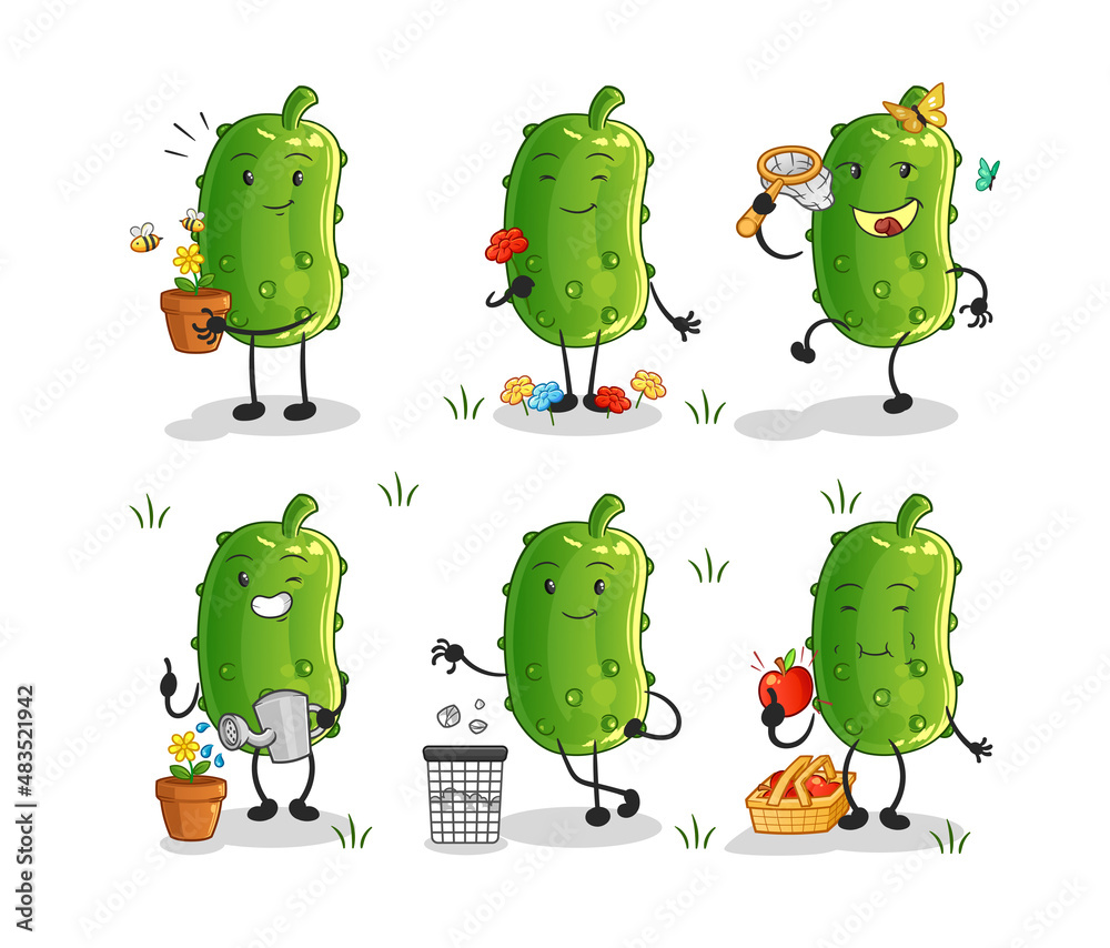 cucumber save the earth group. cartoon mascot cucumber save the earth group. cartoon mascot