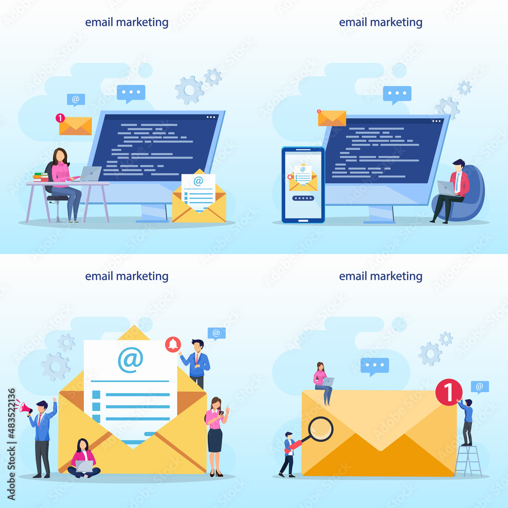 Set bundle Email marketing vector concept. Email marketing services, Advertising Campaign, Digital Promotion, online business strategy, Flat vector template style Suitable for Web Landing Pages.