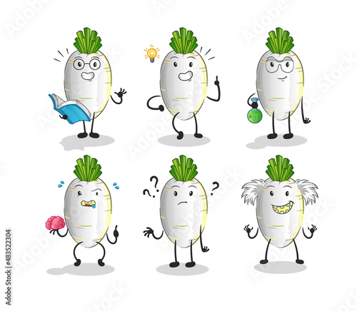 white radish thinking group character. cartoon mascot vector