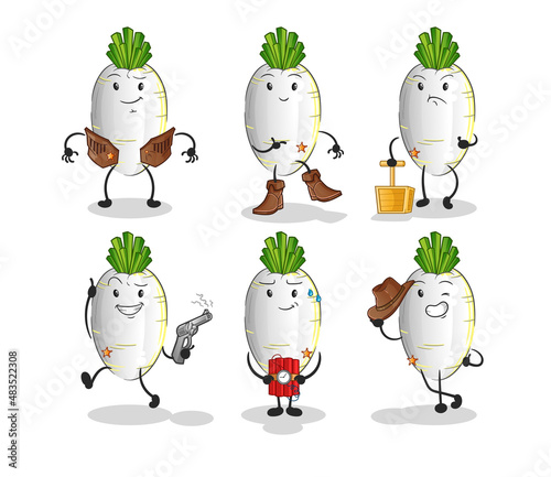 white radish cowboy group character. cartoon mascot vector