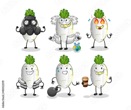 white radish villain group character. cartoon mascot vector