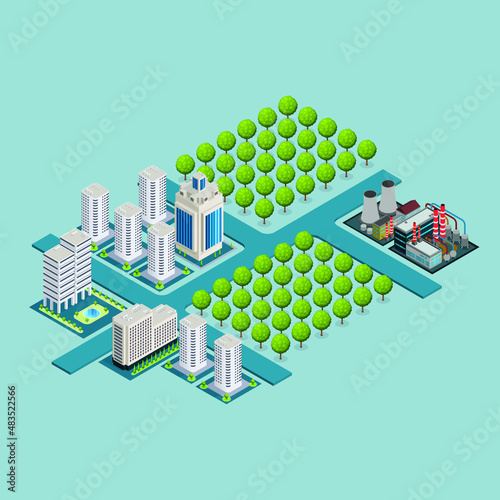 Urban area, isometric vector illustration of an area with high-rise buildings and houses, factories and streets, trees