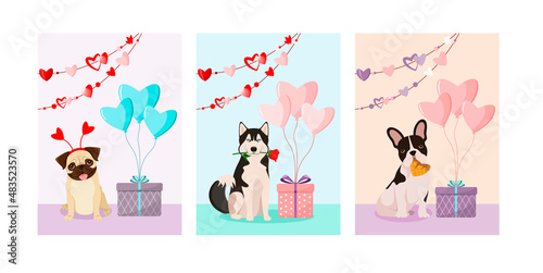 A set of postcards with cute dogs. Cartoon design.
