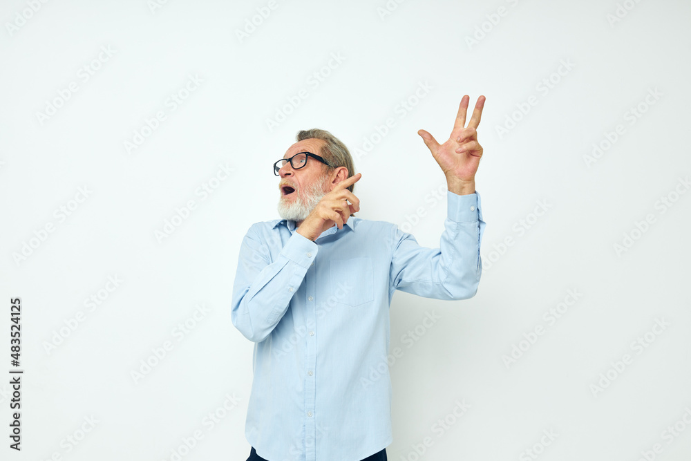 elderly man in shirt and glasses posing emotions isolated background elderly man in shirt and glasses posing emotions isolated background