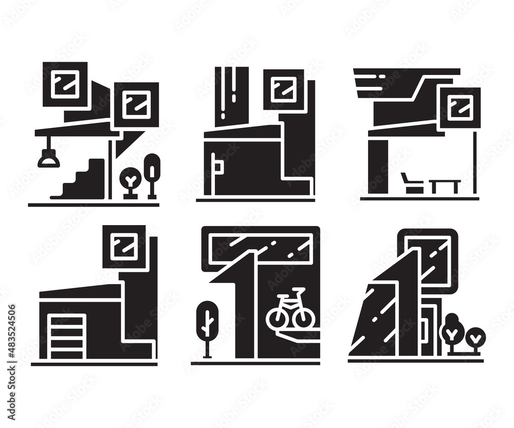 modern style building, house, home, and condo icons set