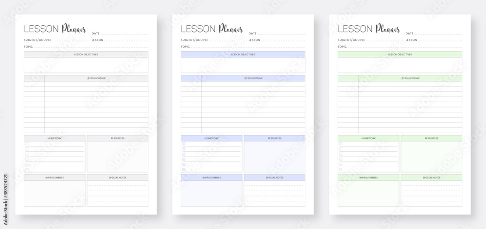 Printable Lesson Planner Template Design. Set of Lesson Planner. Minimalist planner pages templates. Study Planner Template Set.