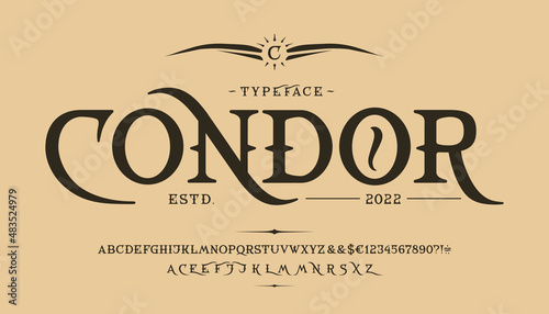 Font Condor. Vintage design. Old label, logo