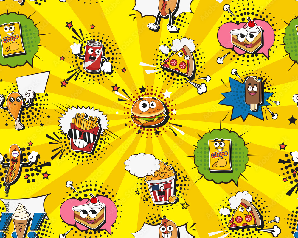 Fototapeta premium Vector flat seamless texture pattern Hand drawn flat trendy cartoon elements collection Fast Food