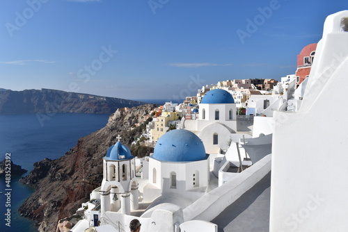 View of the blue domes in Santorini, Greece