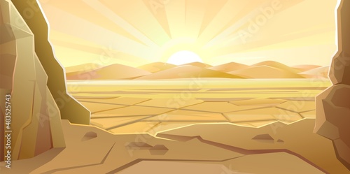 Hot sunrise in desert. Desert sand. Drought cracked desert land. Landscape of southern countryside. Cool cartoon style. Vector