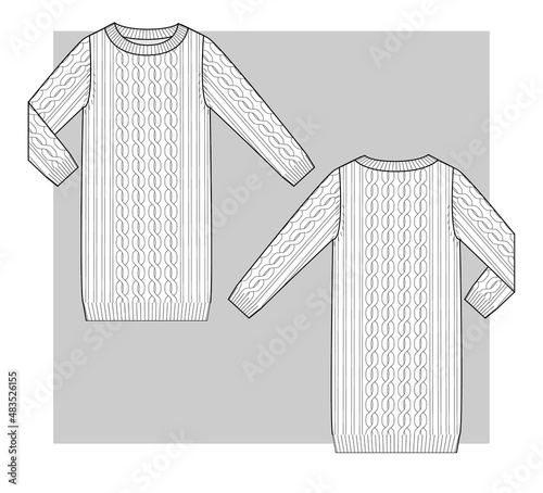 Knitted dress with round-neck with braids technical scketch.
