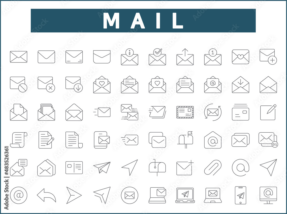 Set of mail and letter icons line style. It contains such Icons as Envelope, e-mail, Mailbox, essential, contact, newsletter, subscribe and other elements.