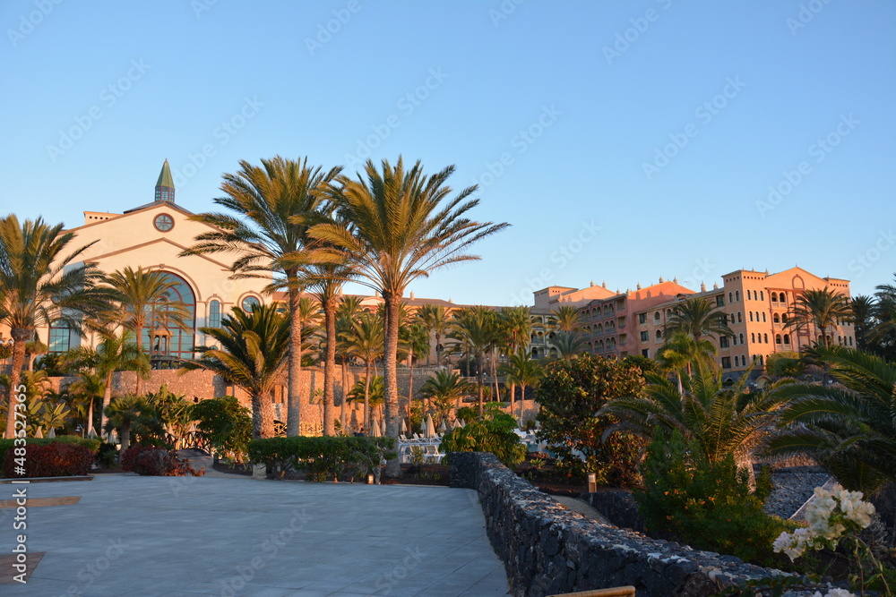 Puerto del Rosario, Fuerteventura - December 28, 2018: Beautiful view to tropical island resort garden with palm trees, flowers  on Fuerteventura, Canary Islands, Spain, Europe.